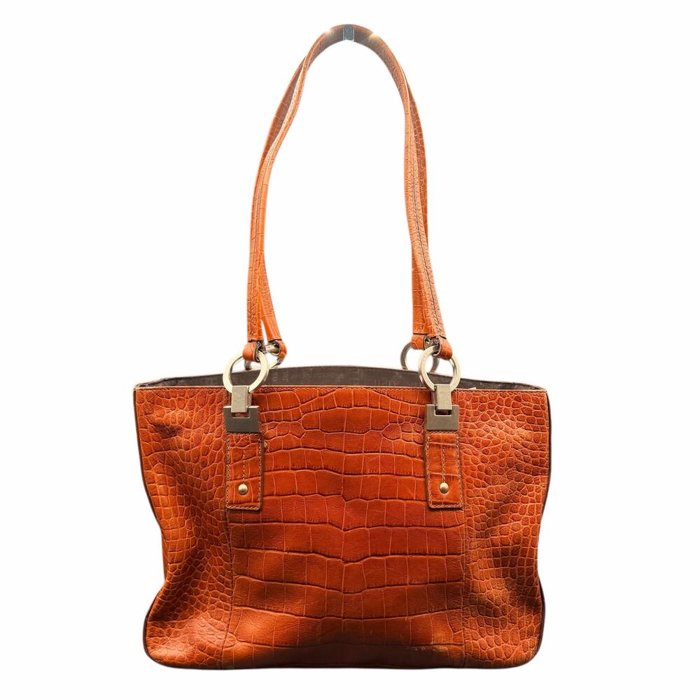 Vintage Etienne Aigner Croc Embossed Leather Tote Shoulder Bag Brown